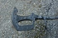 Old broken pedal of black plastic and gray metal on a bicycle Royalty Free Stock Photo