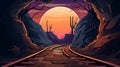 Old broken train tracks through tunnel at sunset illustration AI Generated Royalty Free Stock Photo