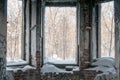 Old broken window on an abandoned old building. Smashed glass Window with old wooden frame. old window. old house, retro Royalty Free Stock Photo