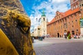 Old bronze sculpture of a donkey on the street in the historical district of Torun