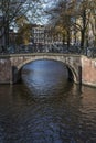 Old brown bridge with bikes over the canal in autumn Royalty Free Stock Photo