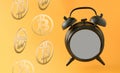 Old brown clock with blank space and bitcoins flying on a orange background. Price surprise concept. Wallpaper of cryptocurrency