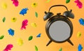 Old brown clock with blank space and colorful flowers flying on a orange background. Positive news, thinking and energy concept.