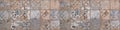 Old brown gray rusty vintage worn shabby patchwork square mosaic motif tiles stone concrete cement wall texture wallpaper