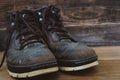 Old brown leather shoes on a wooden background