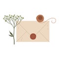 Old brown parchment paper envelope with a red wax seal with an embossed seal. Image of a postal letter in a retro or Royalty Free Stock Photo