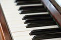 Old brown piano. The keys of an old vintage piano