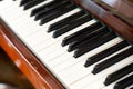 Old brown piano. The keys of an old vintage piano