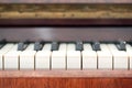Old brown piano. The keys of an old vintage piano