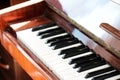 Old brown piano. The keys of an old vintage piano