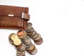 brown purse with different coins Royalty Free Stock Photo