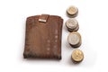 Old purse with different coins Royalty Free Stock Photo