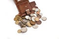 brown purse with different coins Royalty Free Stock Photo