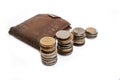 Old brown purse with different coins Royalty Free Stock Photo