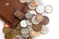 Old brown purse with coins Royalty Free Stock Photo