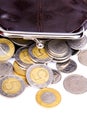 Old brown purse with scattered coins. Polish zloty coins Royalty Free Stock Photo