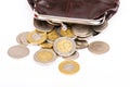 Old brown purse with scattered coins. Polish zloty coins Royalty Free Stock Photo