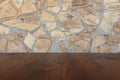 Old brown wood table with blurred stone block wall in light room background Royalty Free Stock Photo