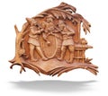 Old brown wooden bass-relief with musicians over white