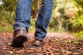 Old brown worn out hiking boots and blue jeans in a park. Selective focus. Outdoor adventure concept. Rugged lasting design