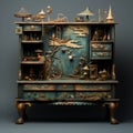 Dreamlike Japanese Miniature Cabinet With Indigo And Bronze Accents
