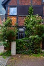 An old building covered with vines and rose flowers next to a white switchboard in Germany Royalty Free Stock Photo