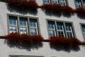 Old building facade. Balconies with flowers Royalty Free Stock Photo