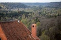 Old building with a red brick chimney and a tiled roof Royalty Free Stock Photo