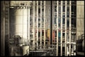 Old building reflected in new industrial building under renovation. Royalty Free Stock Photo