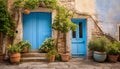 Old building with rustic architecture, flower pots adorn the entrance generated by AI Royalty Free Stock Photo