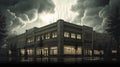 Stormy Sky: A Cartoony, Monochromatic Building With Art Nouveau Influence