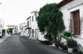 Old building street in Larnaca Cyrpus. Green bushes and white walls. White flowers.