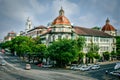 ancient building with colonial design, at the corner of Pansodan Street and Strand Road in Yangon, Myanmar, may-2017 Royalty Free Stock Photo