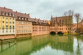 Old buildings and arch bridge reflected in water. Nuremberg, Bavaria Royalty Free Stock Photo