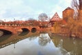 Old buildings and bridge reflected in water. Nuremberg, Bavaria Royalty Free Stock Photo