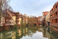 Old buildings and bridge reflected in water. Nuremberg, Bavaria Royalty Free Stock Photo