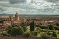 Old buildings with church steeples and gardens in a rural landscape seen from the Castle of Trujillo Royalty Free Stock Photo