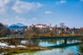 Old buildings of Fussen city. St. Mang Basilica, High Castle. Fussen, Germany