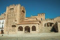 Old buildings in the Main Square with stairs at Caceres Royalty Free Stock Photo