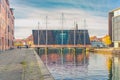 buildings near Five Circles Pedestrian Bridge over the Christianshavn canal and Royal Library of the University of Copenhagen Royalty Free Stock Photo