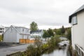 old buildings and river in the center of city of Hafnarfjordur in Iceland