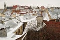 Old buildings and snow-covered roofs of the downtown in Lviv, Ukraine.