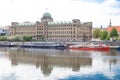 Old  buildings and street view. Vltava river with glare. Travel photo 2019 Royalty Free Stock Photo