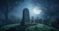 Old burial stone with unreadable writings emerges in the dimly lit, ethereal landscape of a graveyard at night. Generative AI