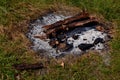 Old burnt fireplace. old abandoned bonfire in a meadow grass