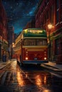 An old bus crossing on a new yor city street, in a starry night, with vintage touch, lights, wet road, old time Royalty Free Stock Photo