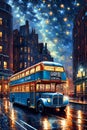 An old bus crossing on a wet road, at a new york city street, in a beautiful starry night, clouds, sky, lights, vintage, buildings Royalty Free Stock Photo
