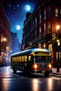 An old bus on a new york city street, in old time, buildings, lights, starry night, moon, blue sky, vintage touch Royalty Free Stock Photo