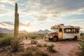 An old bus is parked in the middle of a vast desert landscape, surrounded by sandy terrain and a cloudless sky, Tex-Mex food truck