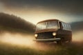 An old bus rides along a dusty mountainous off-road in the evening. Off-road bus. AI generated Royalty Free Stock Photo